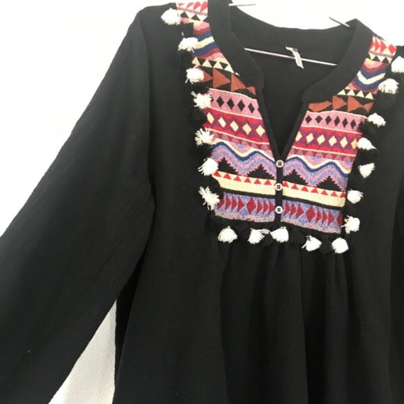 Black embroidered tassel fringe boho dress S - Picture 3 of 7